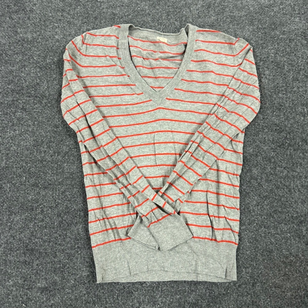 J.Crew Sweater Womens Size S Gray Orange Striped Cotton V-Neck Lightweight Knit